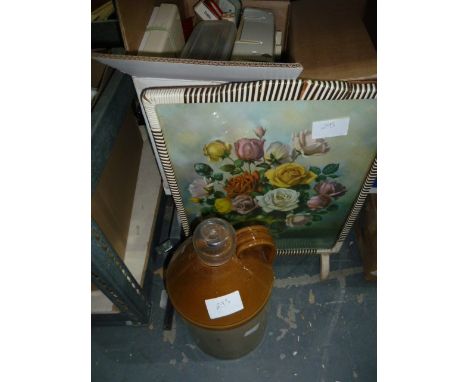 Small safe, assorted ceramic door knobs, an electric sewing machine&nbsp;with accessories, a firescreen, a stoneware flagon&n