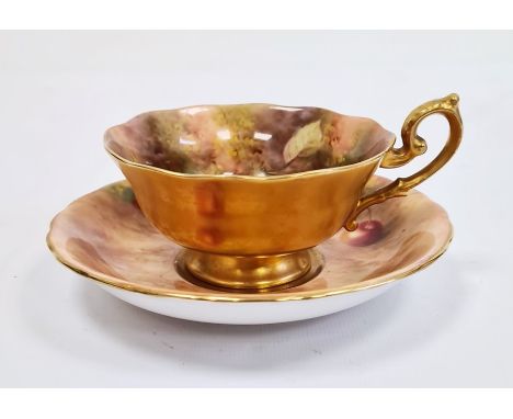 Royal Worcester fruit painted teacup and saucer by H. Ayrton, printed puce marks, date code for 1941, each piece signed, pain