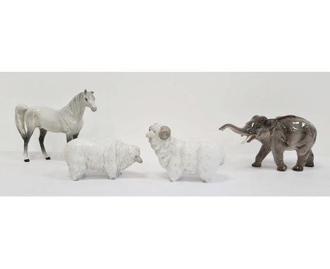 Beswick pottery model of a horse, 17cm high, an elephant and a pair of Lladro models of sheep, 20th century, printed and impr