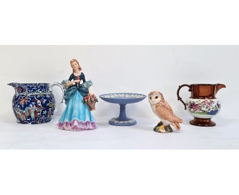 19th century pearlware-style jug, a Beswick pottery owl, a Goebel figurine, a jug and a Wedgwood Jasperware blue and white co