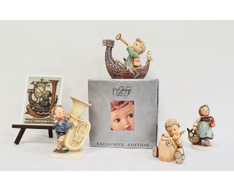 Collection of Goebel ceramics, comprising a rectangular postcard plaque on easel and four Hummel figures&nbsp;of children inc
