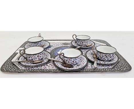 19th century finely decorated enamel and hand-painted coffee service comprising five cups and saucers, a matching tray and sp