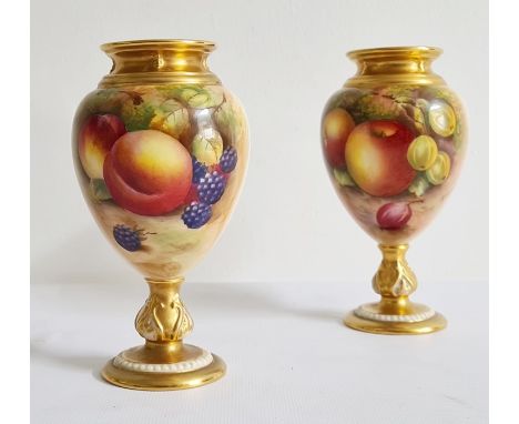 A matched pair of two Royal Worcester fruit painted oviform vases, the first with printed  purple Royal Worcester mark and da