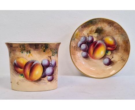 Royal Worcester fruit painted match stick holder and a saucer, 20th century, printed black marks, each indistinctly signed, p