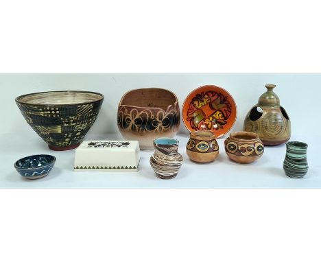 20th century studio pottery bowl, slipware decorated, a Poole pottery bowl, a Cricklade pottery blue glazed bowl and various 