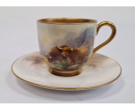 Royal Worcester demi-tasse and saucer, printed puce marks, printed date code for 1926, painted by H Stinton with highland cat