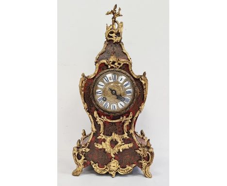 19th century French boulle work tortoiseshell and gilt brass metal mounted clock&nbsp;with circular dial, enamel and blue pai