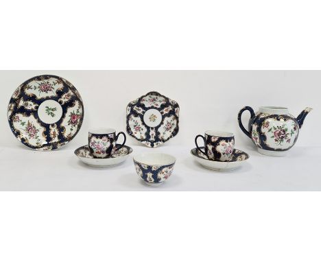 Worcester blue scale ground part tea service, 1775, blue crescent and W marks, painted with bouquets of flowers within gilt m