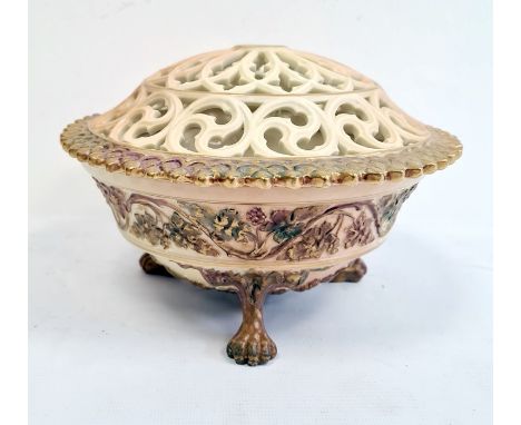 Royal Worcester pierced blush ivory ground pot pourri bowl, pierced cover and stand, early 20th century, printed black marks,