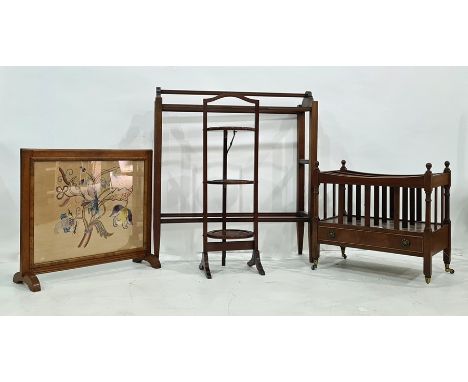 Reproduction mahogany canterbury, a three-tier folding cakestand, a mahogany towel rail and a fire screen (4) 