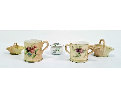 Royal Worcester blush ivory ground miniature tyg painted with rose sprays, printed puce marks, 20th century, a similar mug, t