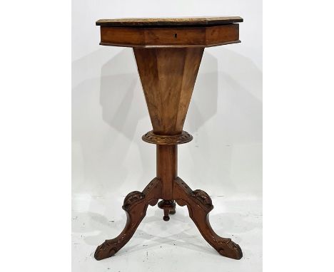 19th century burr walnut octagonal-topped games/work table with inlaid chess board top, the black tiles with parquetry inlay 