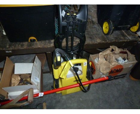 Small Karcher power washer, some gardening tools, a box of vintage woodworking tools and three boxes of furniture ironmongery