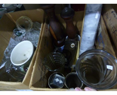 Pair of alabaster table lamps, another single table lamp and a wickerwork picnic basket and a quantity of glassware to includ