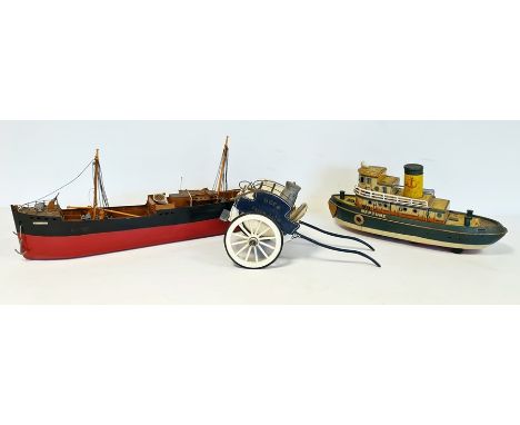 Japanese tinplate boat 'Neptune' no.1752155584, 37cm long, a model ship and a Dairy Farm cart, 57cm long (3) 