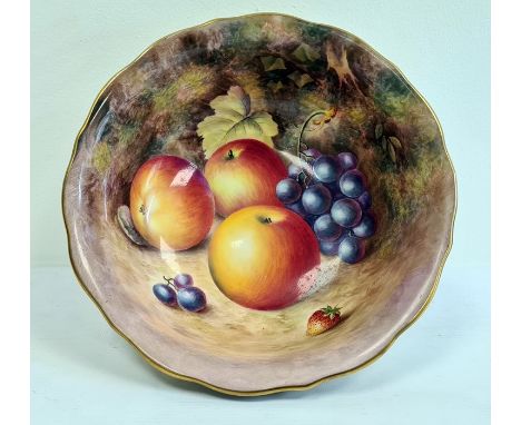 Royal Worcester fruit painted bowl by H. Ayrton, printed black marks, 20th century, painted with ripening fruits on a mossy a