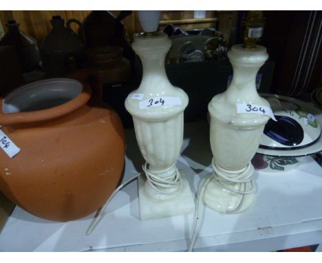 Alabaster table lamp, another, an earthenware oversized jug, empty Moorcroft boxes, framed prints, etc 