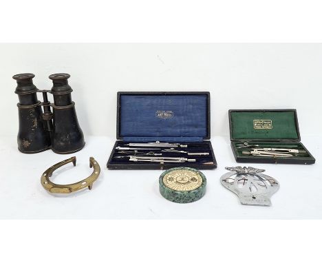 Pair of binoculars, an AA automobile badge, drawing instrument sets, etc 