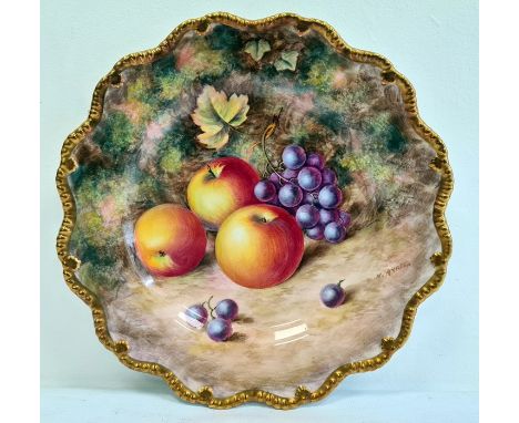 Royal Worcester fruit painted plate, 20th century, printed marks, painted by H. Ayrton with ripening fruits reserved against 
