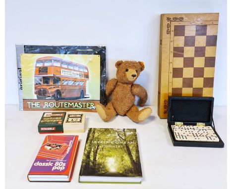 Steiff yellow label fur teddy bear, modern and small quantity games and a Dartington Silver Jubilee paperweight (1 box) 