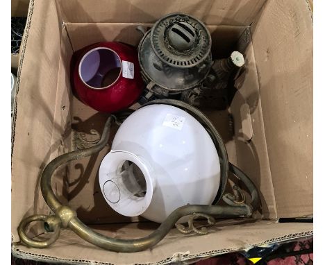 Oil lamp, two metal tripod sconces, lacking glass bowls and other items (1 box and candle sconces) 