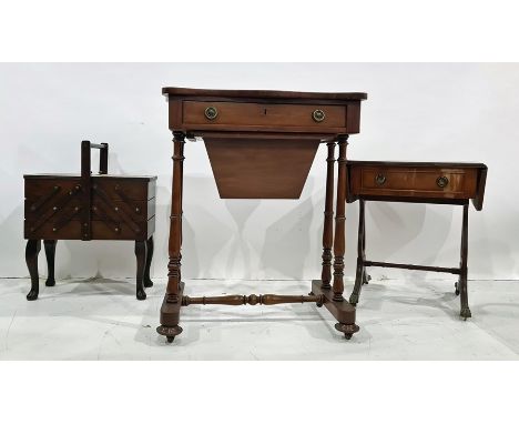 Late 19th century mahogany sewing table, the lozenge-shaped top above single drawer and sewing basket, on turned supports lea