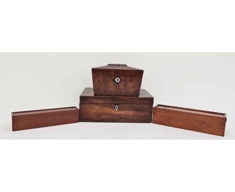 19th century rosewood workbox of rectangular form, a two-section sarcophagus-shaped tea caddy and two further boxes (4) 