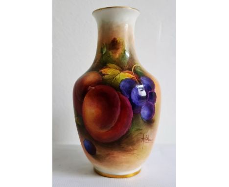 Royal Worcester fruit painted baluster-shape vase, printed puce marks, date code for 1940, shape number 2491, painted by A Sh