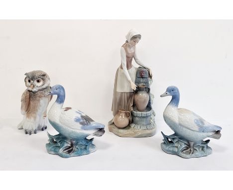 Nao porcelain figure of girl at well, a Nao model owl and two model ducks (4) 