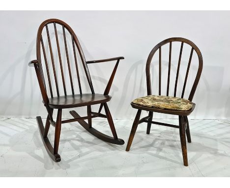 Dark elm seated Ercol stickback rocking chair and one further chair (2)
