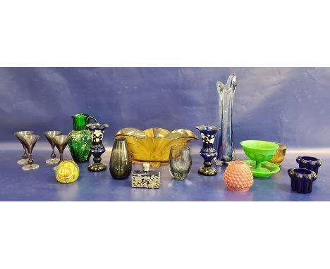 Quantity of coloured glassware, to include an amber frosted oval fan-shaped vase, 31cm wide, a green tinted water jug enamell