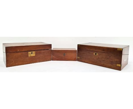 Two 19th century mahogany writing slopes and a 19th century rectangular tea caddy (3) 