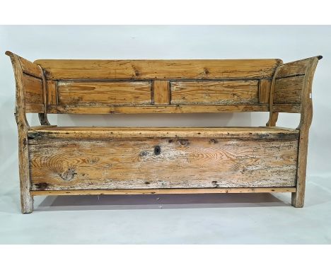 Possibly 19th century and later pine bench with panelled back and sides, with lift-top seat, square section supports, 168cm x