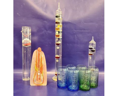 Studio glass sculpture of triangular form and red and yellow striation, 24cm high, two glass spire-pattern thermometers, a gl