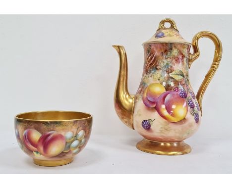 Royal Worcester fruit painted coffee pot and cover, 20th century, printed black marks, painted by C. Bowen with ripening frui