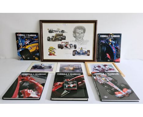 Collection of Formula 1 yearbooks 2002-2009, various signed racing prints and a Stuart McIntyre coloured racing poster, frame