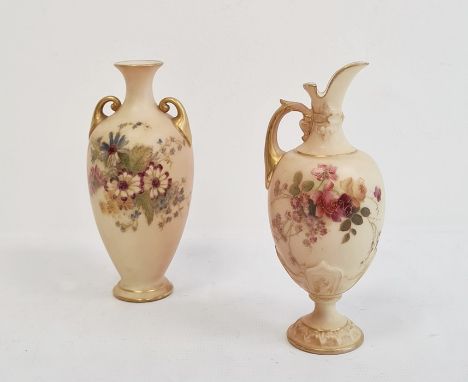 Two Royal Worcester blush ivory ground vases, printed puce and green marks, early 20th century, the first of ewer form, paint