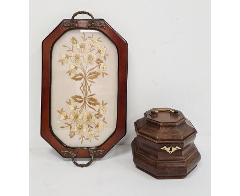 20th century mahogany tea caddy of octagonal baluster form, stamped 'Virginia Galleries' to base and a tea tray with needlewo