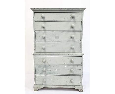 Duck egg blue painted wood miniature tallboy with seven drawers, on bracket feet, 59cm high 