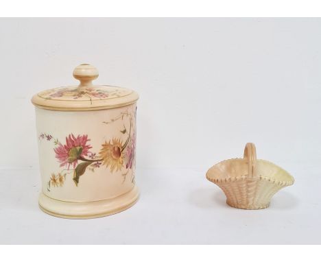 Royal Worcester blush ivory ground cylindrical biscuit barrel and cover, printed puce marks, date code for 1907, printed and 