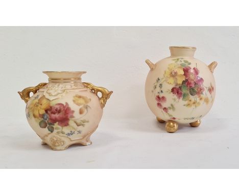 Two Royal Worcester blush ivory ground small globular two-handled posy vases, printed and painted puce marks, early 20th cent