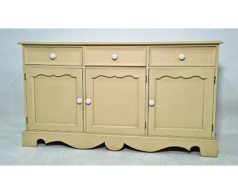 20th century painted pine sideboard with three drawers above three cupboard doors, bracket feet, 152cm x 84.5cm