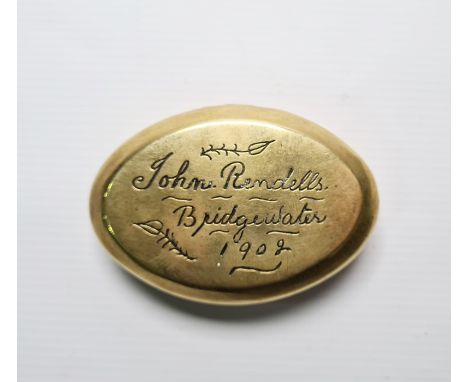 Early 20th century miner's brass snuff box, engraved 'John Rendells, Bridgewater 1902'&nbsp;
