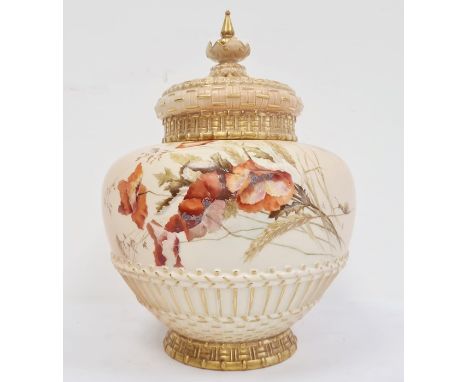 Royal Worcester blush ivory ground oviform pot pourri vase, cover and liner painted by Edward Raby, circa 1900, printed puce 