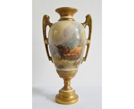 Royal Worcester miniature two-handled oviform vase painted by H Stinton, printed puce marks, shape number 1481, date code for