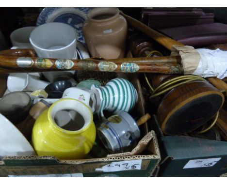 Various ceramics, collectables, two walking sticks, a wooden table lamp, Gibbons Stamp Monthly 1964, bound, various volumes, 