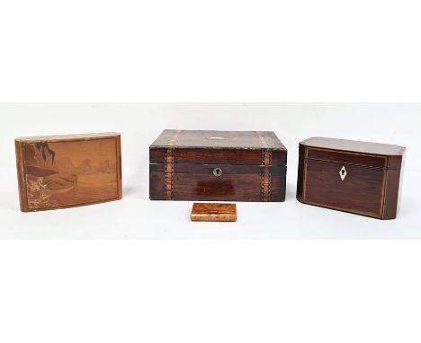 19th century mahogany, satinwood and ebony banded two-section tea caddy&nbsp;of rectangular form with canted corners and ivor