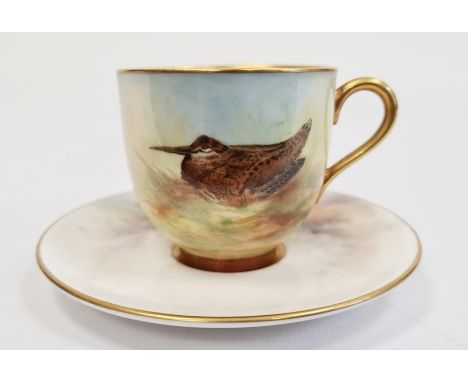 Royal Worcester matched demi-tasse and a saucer, the cup with printed black marks, painted by J. Smith, with a woodcock in la