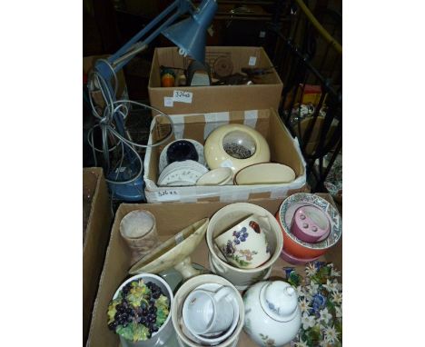 Various ceramics, plant holders, collectables to include a carved Kudu, a blue metal anglepoise lamp, a few long playing easy