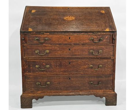 Oak bureau with decorative shell inlay to fall, four graduated long drawers, bracket feet, 96cm x 108cm
